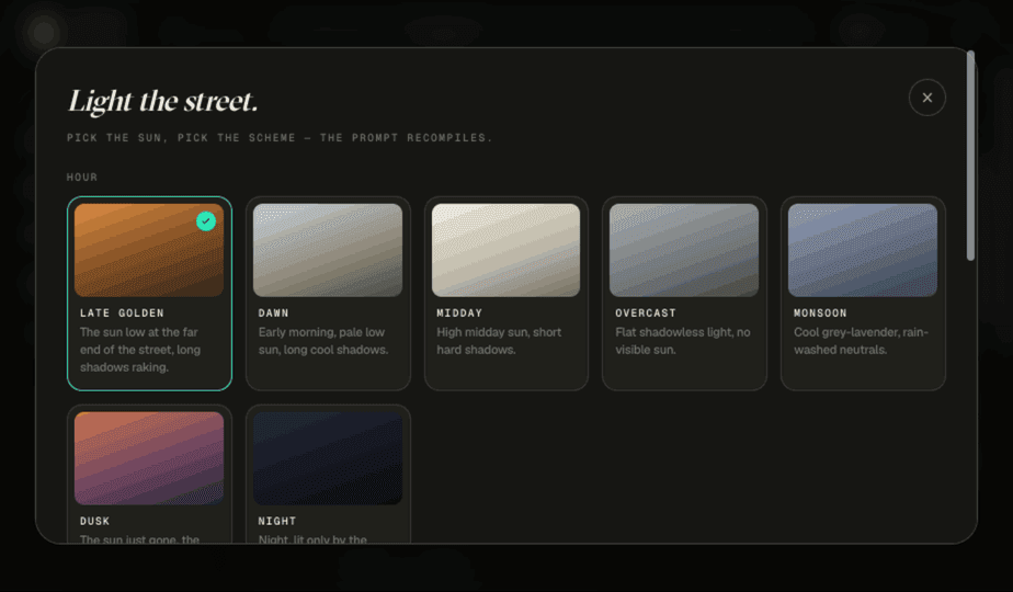 The look picker: hour, scheme, camera, genre